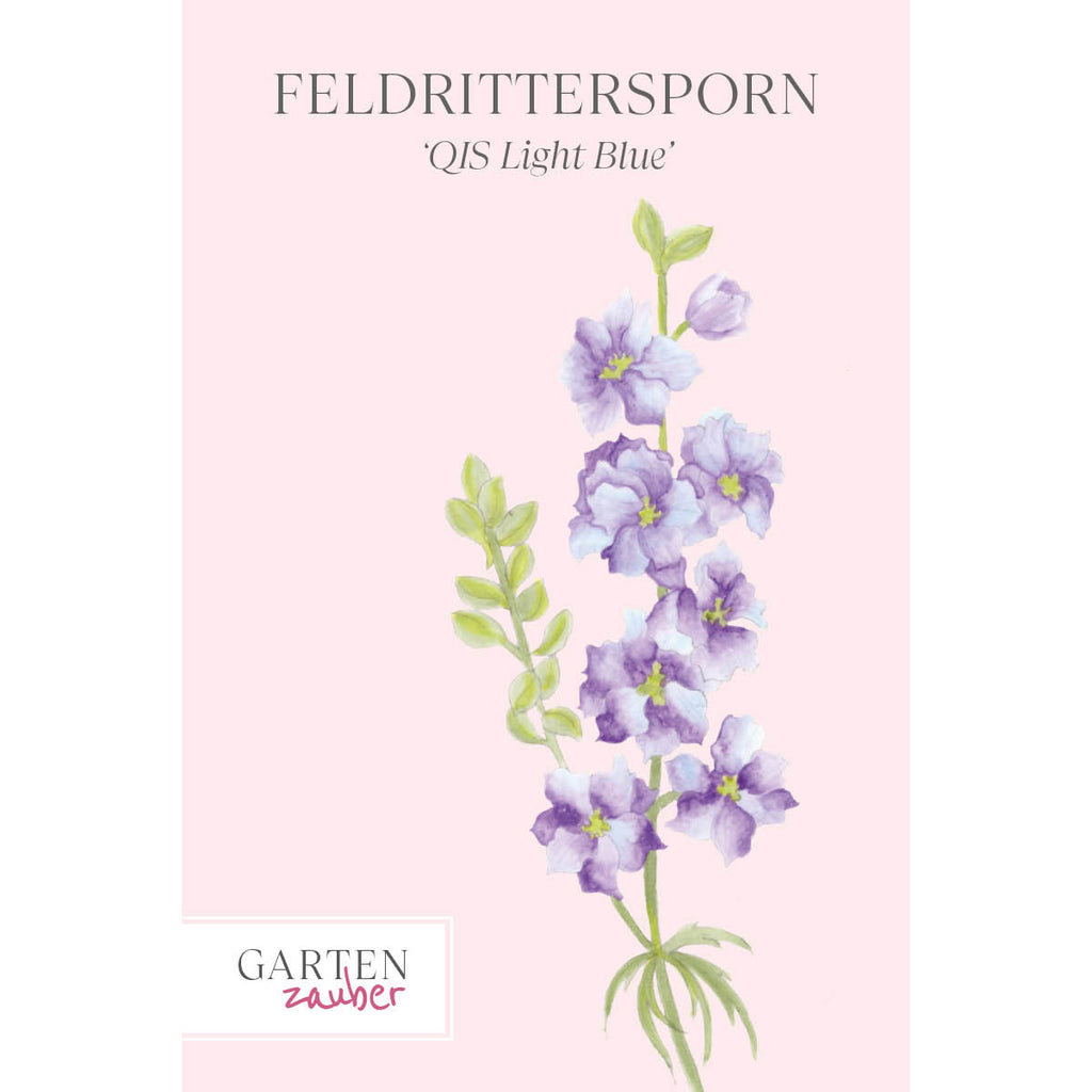 Vorderansicht Saatguttuete  Feldrittersporn - Delphinium consolida `QIS Light Blue` aus der Gartenzauber-Saatgutserie