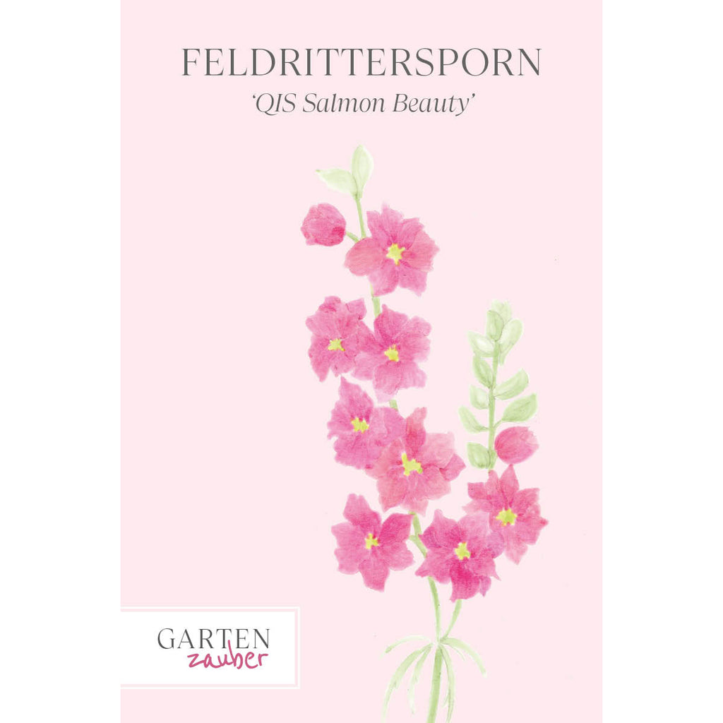 Vorderansicht Saatguttuete  Feldrittersporn - Delphinium consolida `QIS Salmon Beauty`  aus der Gartenzauber-Saatgutserie